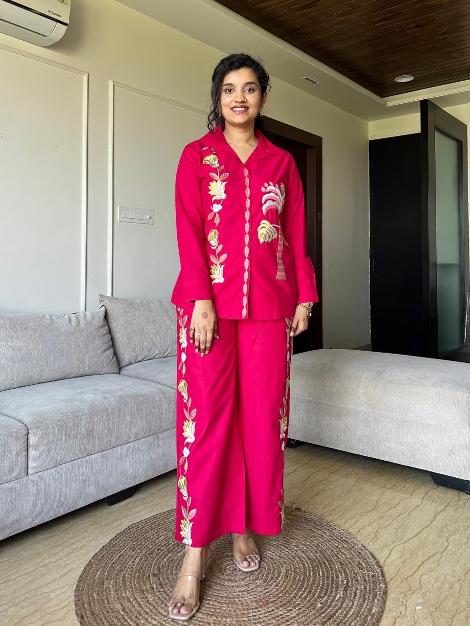 Gia Embroidered Coord Set- Dark Pink