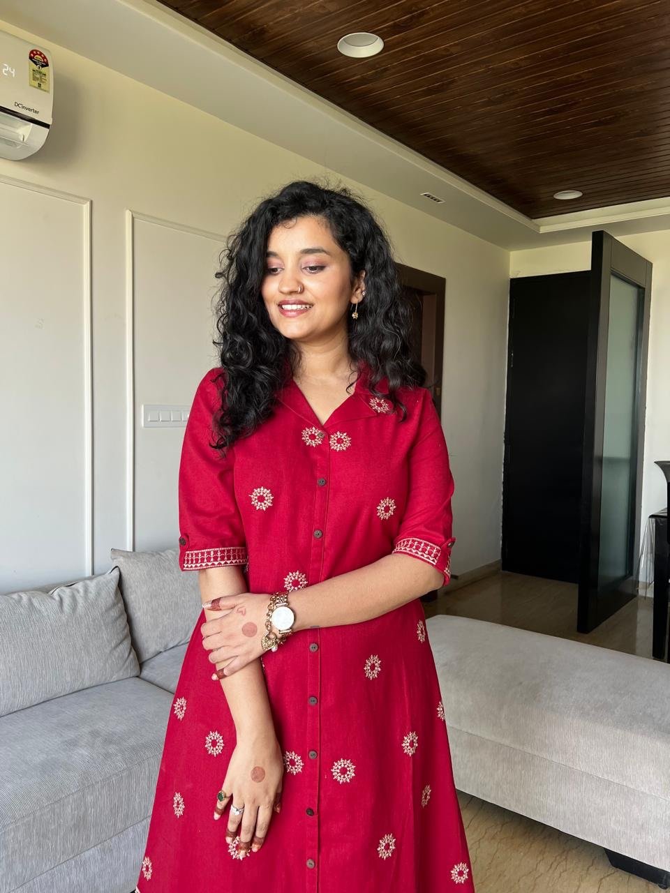 Ziva A-line Embroidered Dress- Red - Image 2