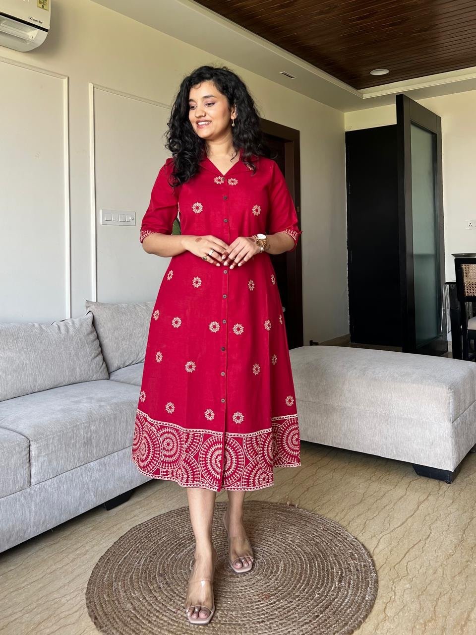 Ziva A-line Embroidered Dress- Red - Image 3