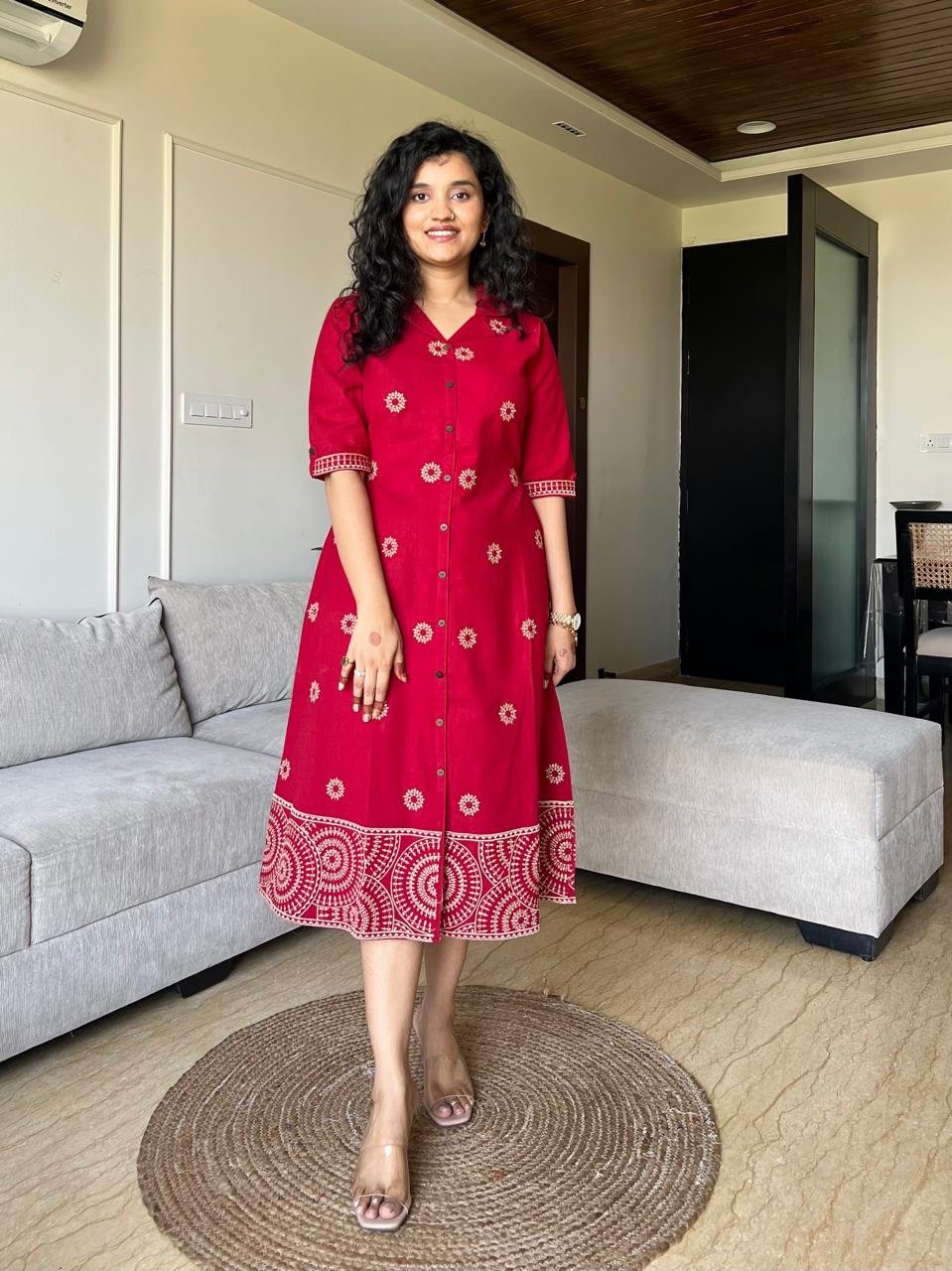 Ziva A-line Embroidered Dress- Red
