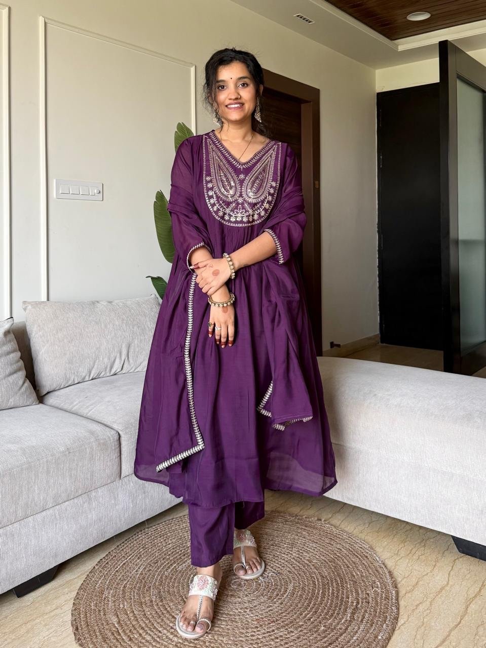 Saavra Mul Chanderi Luxe Set- Violet - Image 3