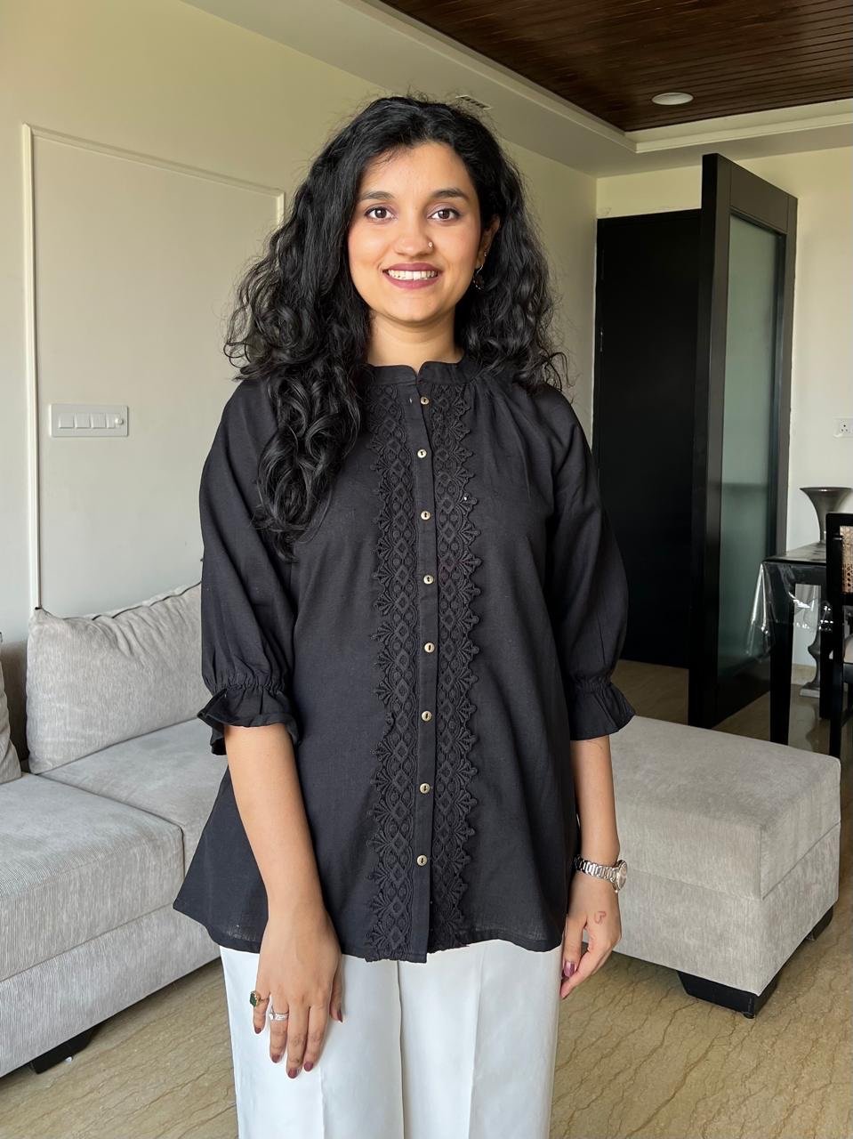 Tisha Cotton Embroidered Top- Black