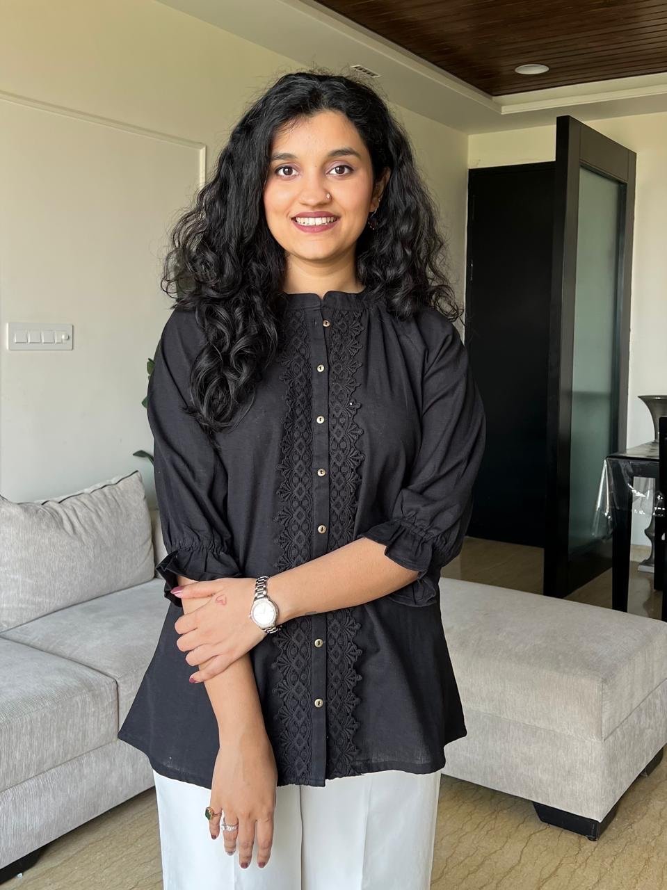 Tisha Cotton Embroidered Top- Black - Image 3