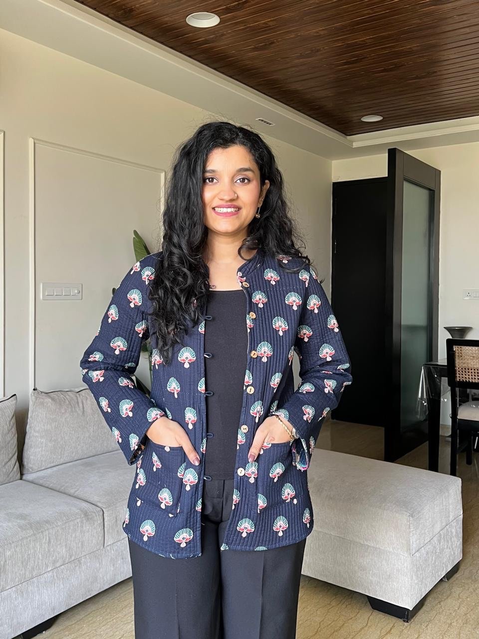 Reversible Quilted Jacket- Blue and Mix Boota - Image 2