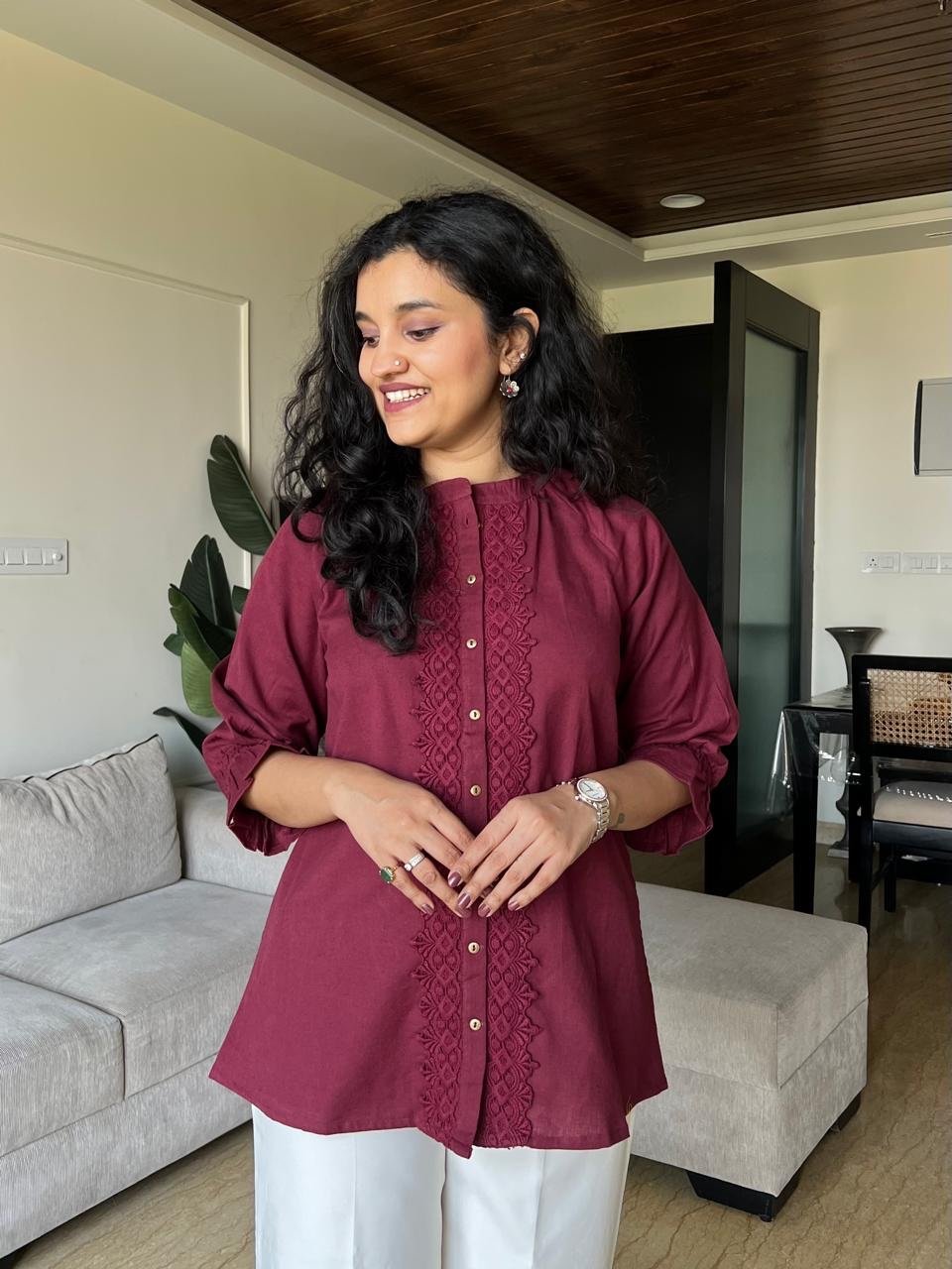 Tisha Cotton Statement Top- Maroon - Image 2