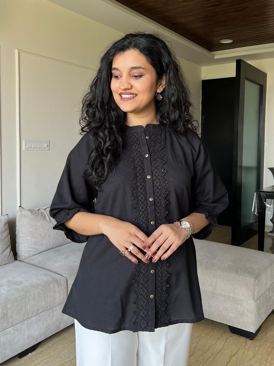 Tisha Cotton Embroidered Top- Black - Image 2