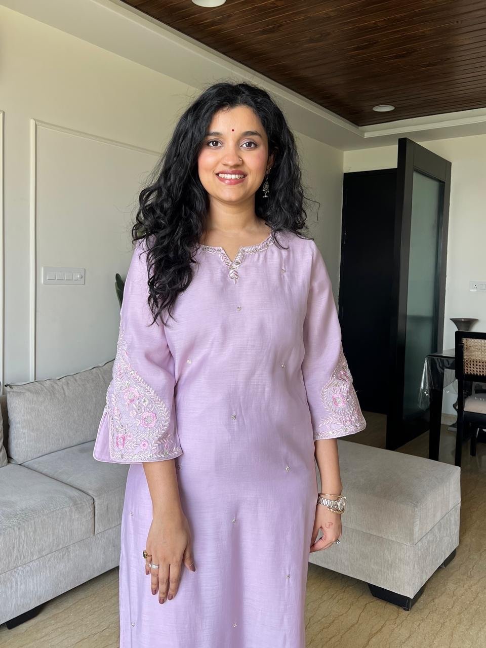Shavya Mul Chanderi Embroidered Set- Pastel Purple - Image 2