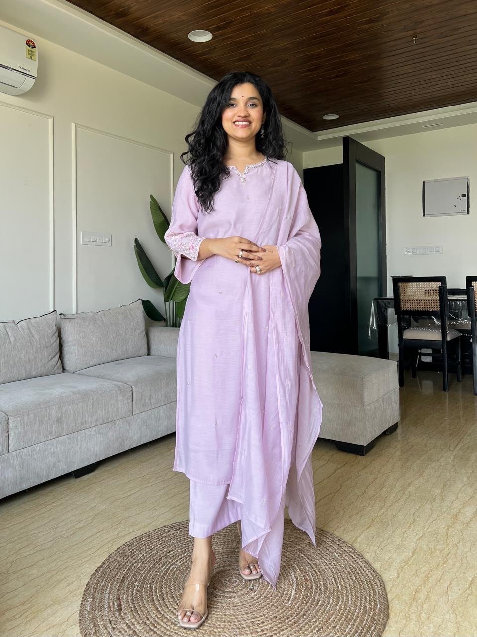 Shavya Mul Chanderi Embroidered Set- Pastel Purple