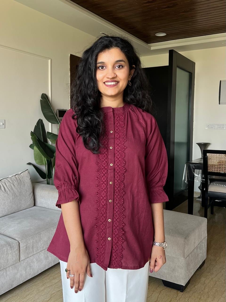 Tisha Cotton Statement Top- Maroon