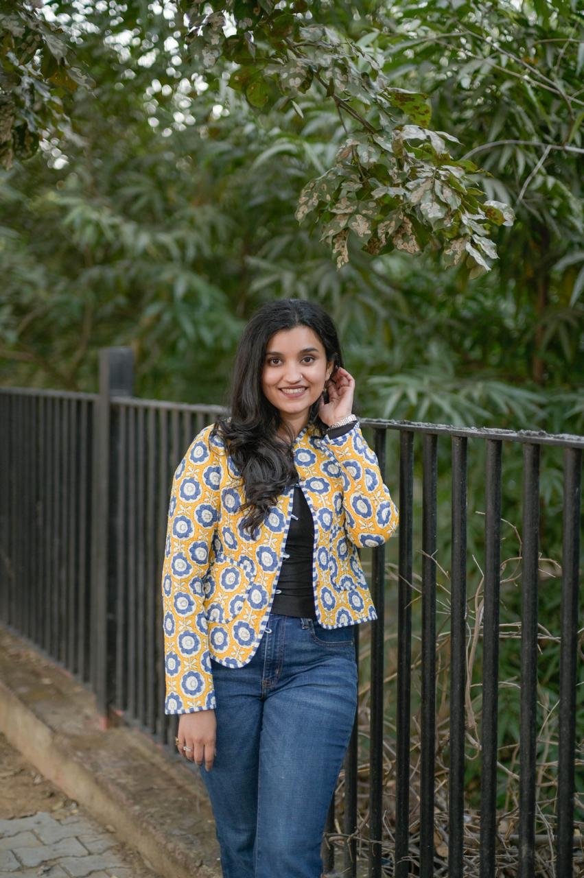 Reversible Quilted Short Jacket- Fun Yellow Flowers - Image 2