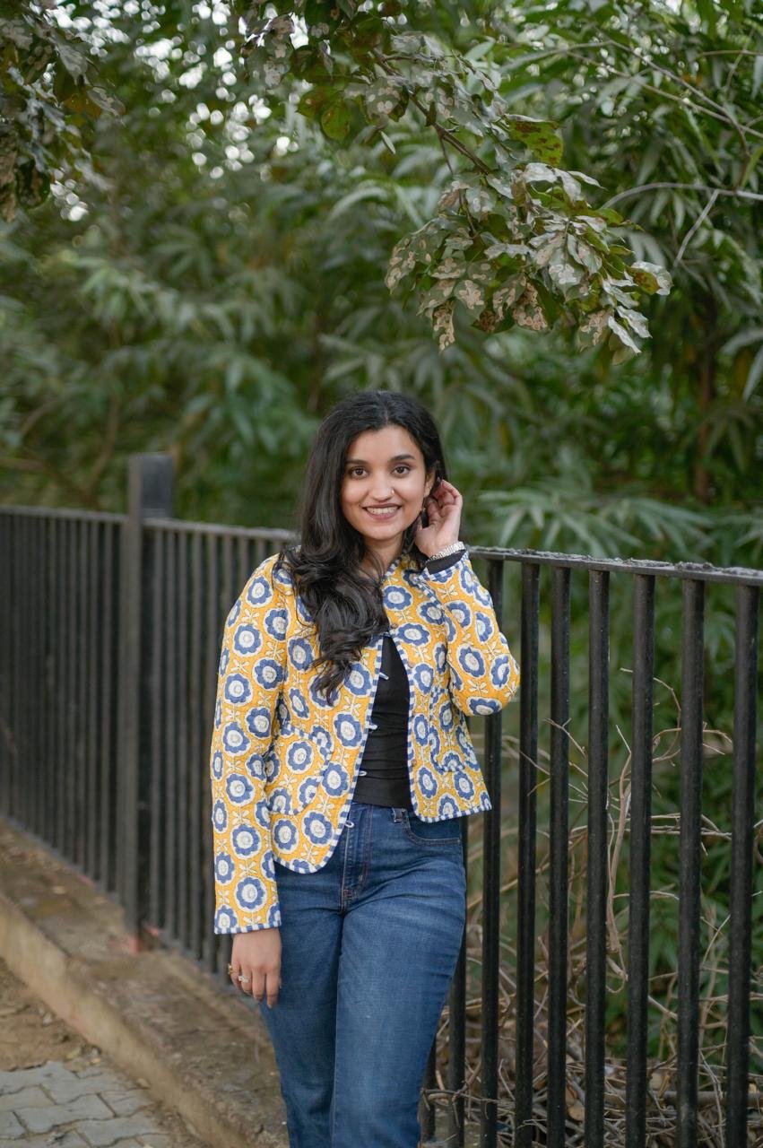 Reversible Quilted Short Jacket- Fun Yellow Flowers