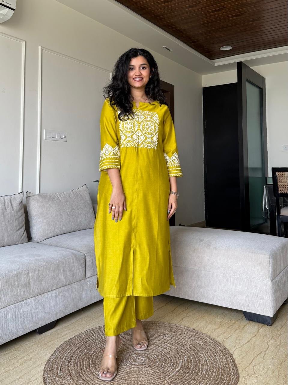 Neer Embroidered Straight Set- Yellow
