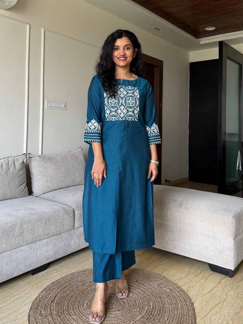 Neer Embroidered Straight Set- Teal Blue