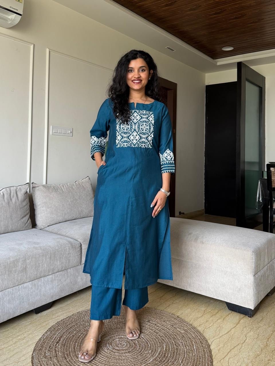 Neer Embroidered Straight Set- Teal Blue - Image 3