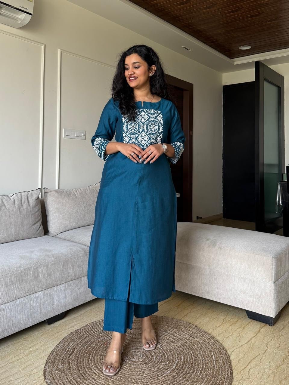 Neer Embroidered Straight Set- Teal Blue - Image 4