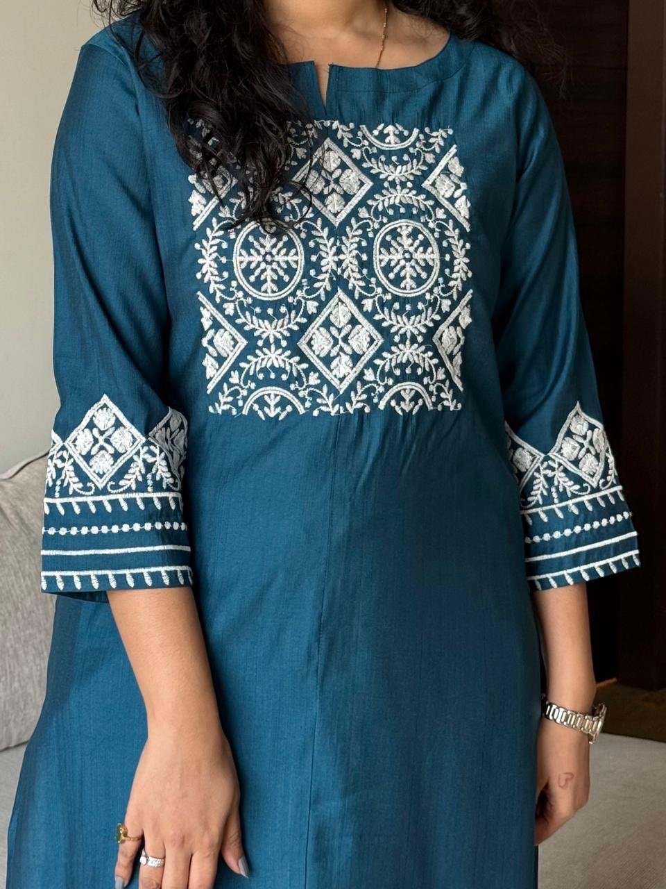 Neer Embroidered Straight Set- Teal Blue - Image 5