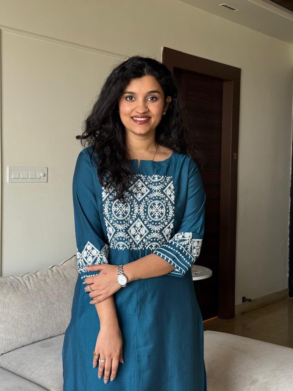 Neer Embroidered Straight Set- Teal Blue - Image 2