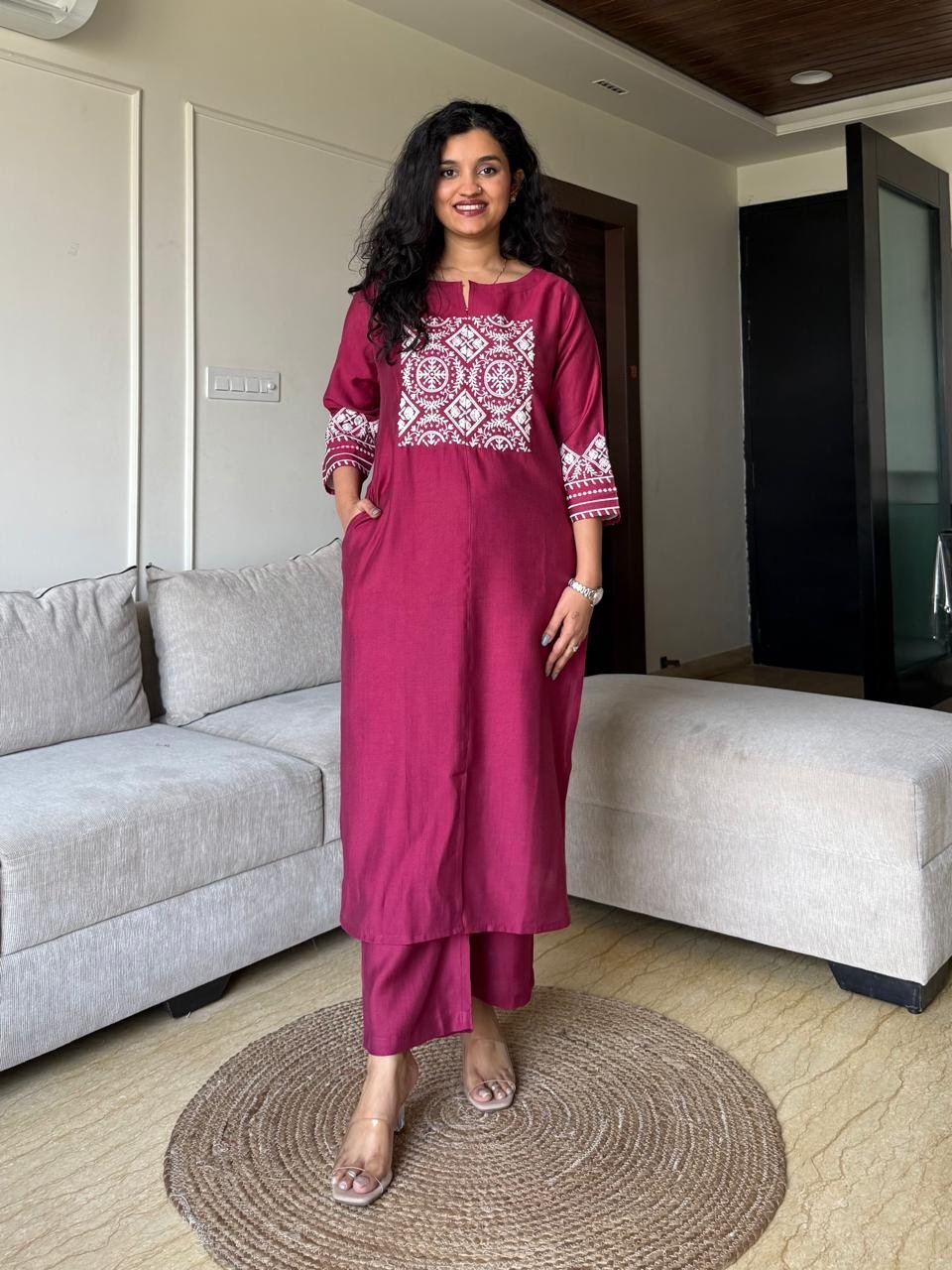 Neer Embroidered Straight Set- Maroon - Image 3