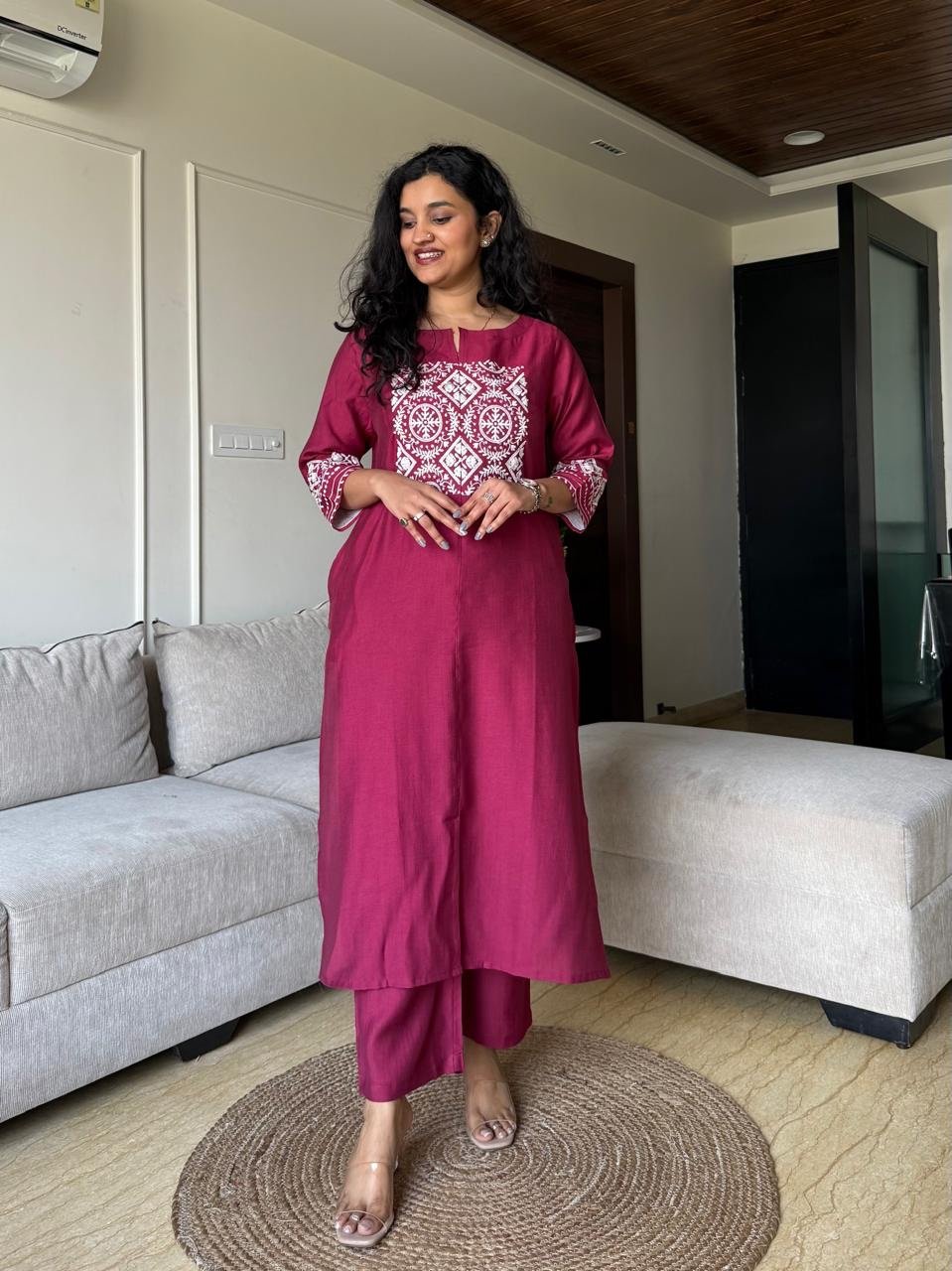 Neer Embroidered Straight Set- Maroon - Image 4
