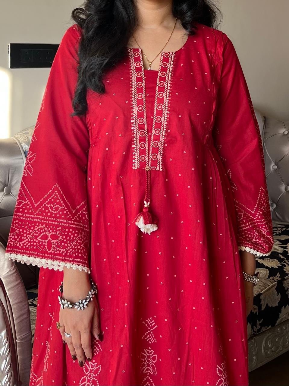 Ramaya Bandhej Flared Set- Red - Image 5