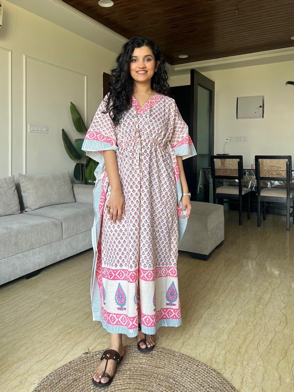 Zura Block Print Kaftan- Pastel Booti