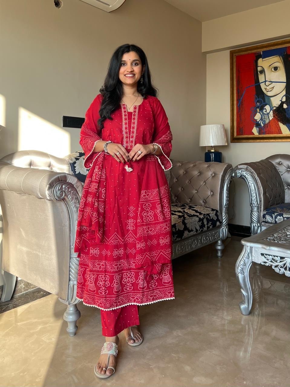 Ramaya Bandhej Flared Set- Red - Image 3