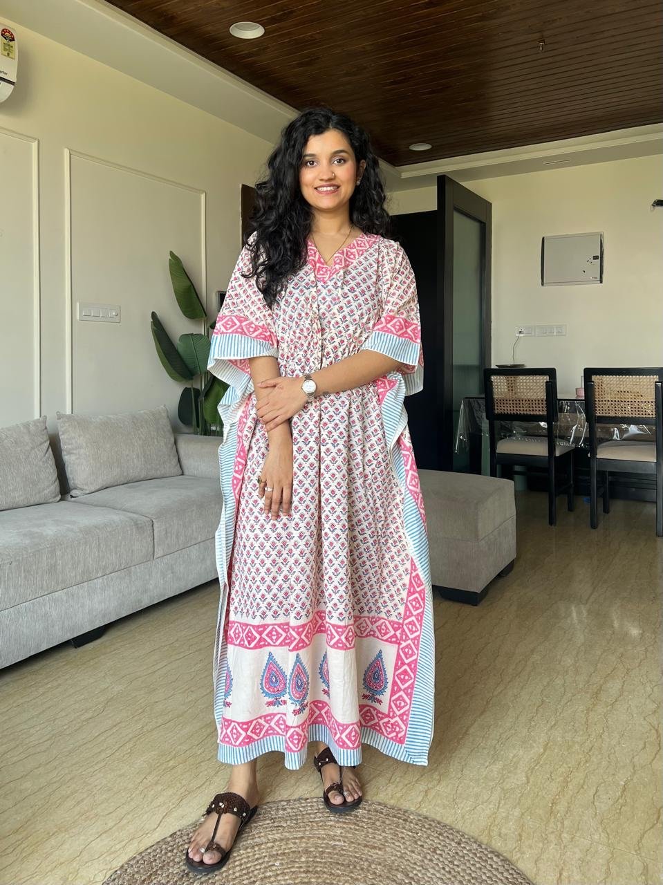 Zura Block Print Kaftan- Pastel Booti - Image 2