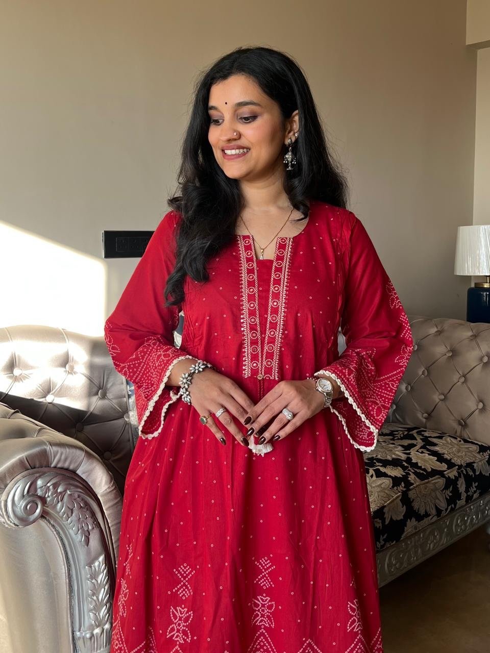 Ramaya Bandhej Flared Set- Red - Image 2
