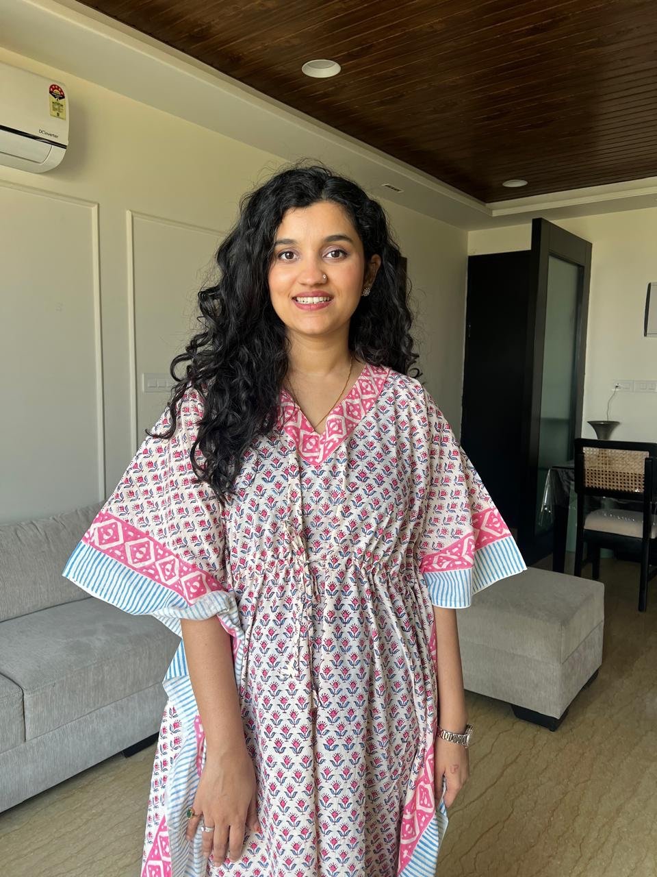 Zura Block Print Kaftan- Pastel Booti - Image 3