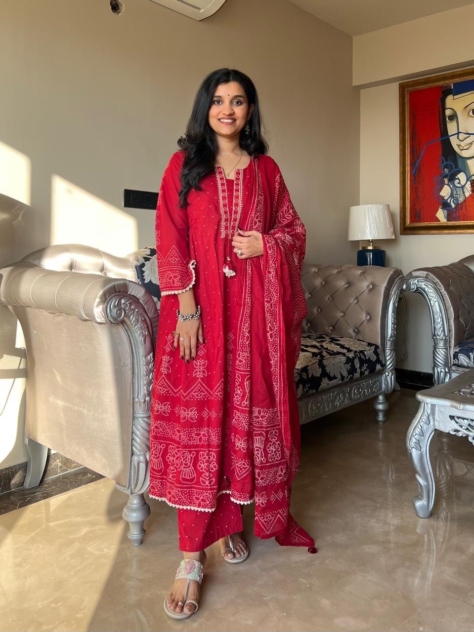 Ramaya Bandhej Flared Set- Red