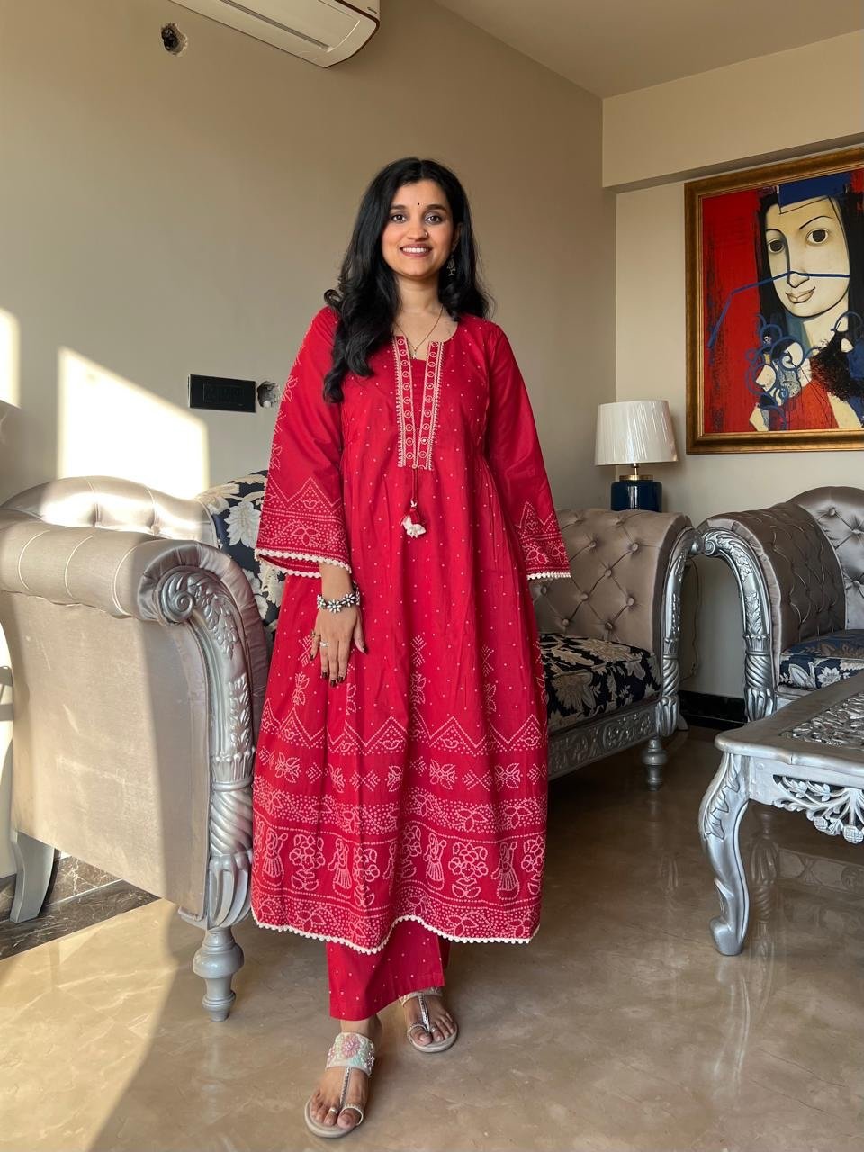 Ramaya Bandhej Flared Set- Red - Image 4