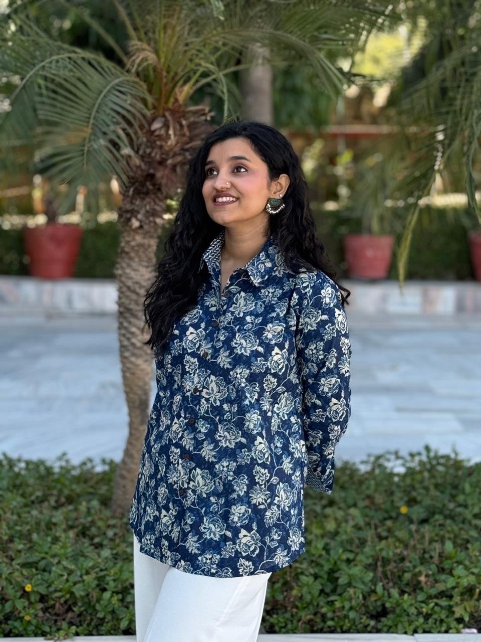 Trisha Relaxed Cotton Shirt- Indigo Florals - Image 2