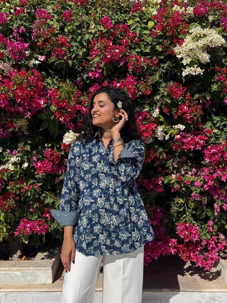Trisha Relaxed Cotton Shirt- Indigo Florals - Image 5