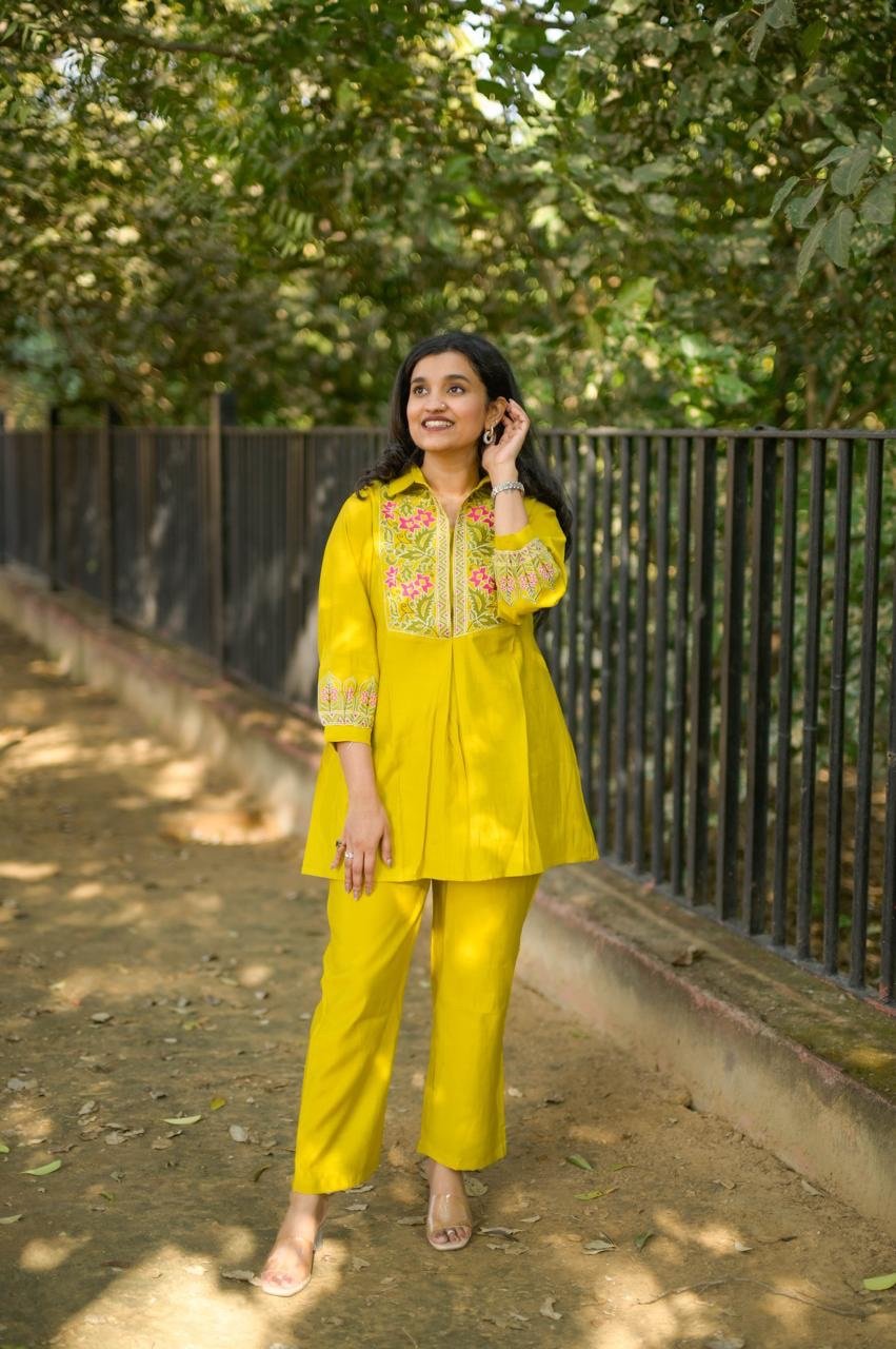 Divi Embroidered Coord Set- Yellow
