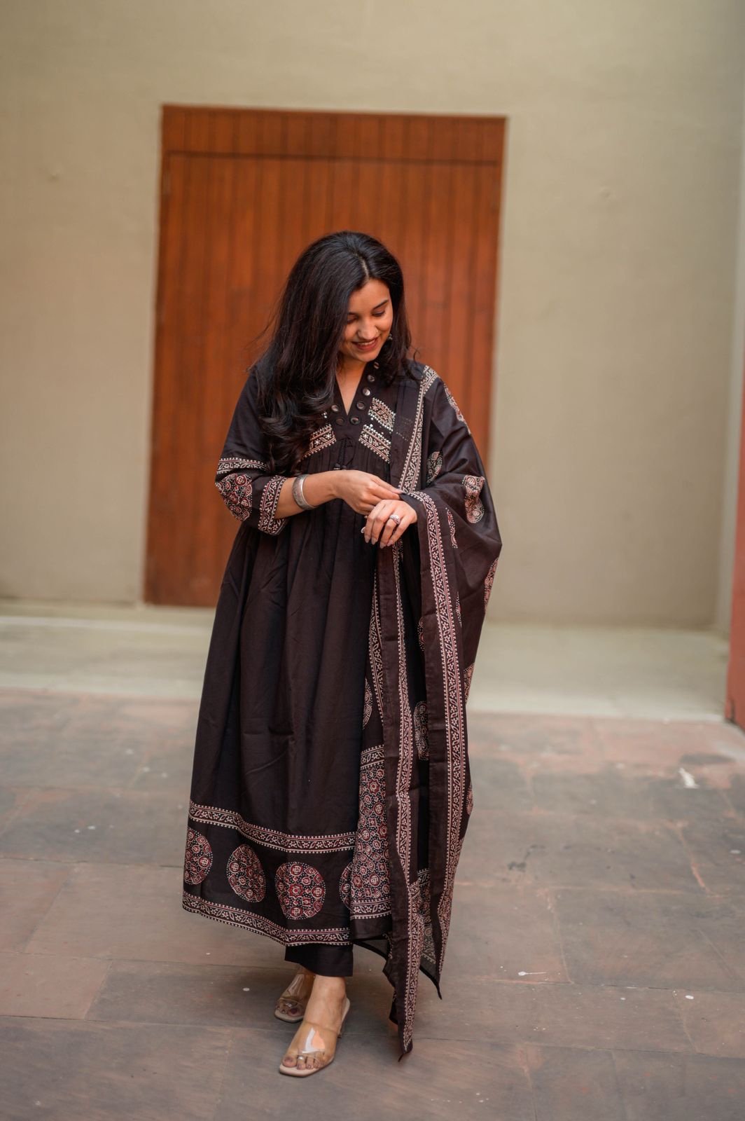 Liya Flared Ajrakh Cotton Set- Black - Image 5