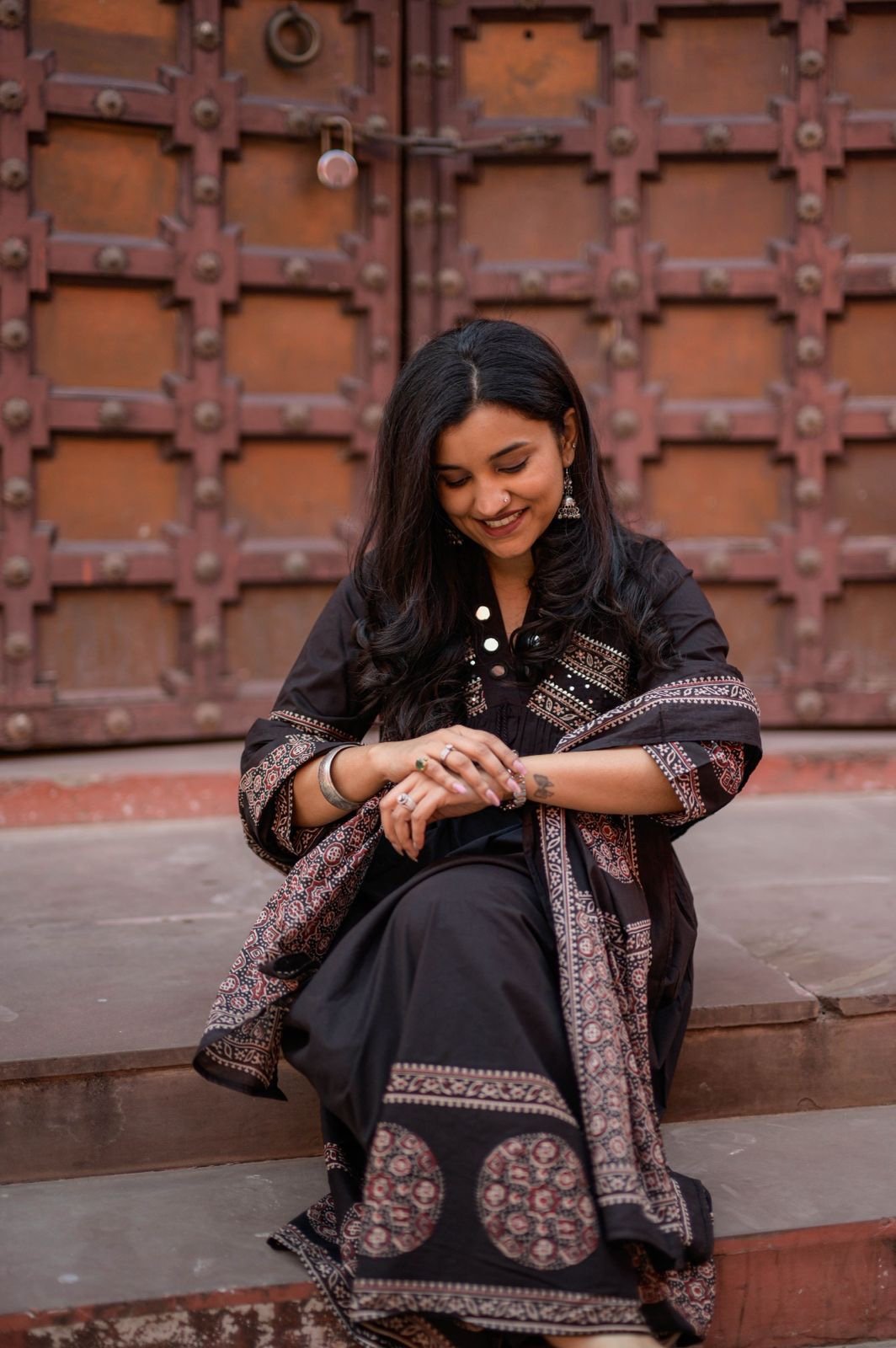 Liya Flared Ajrakh Cotton Set- Black - Image 6