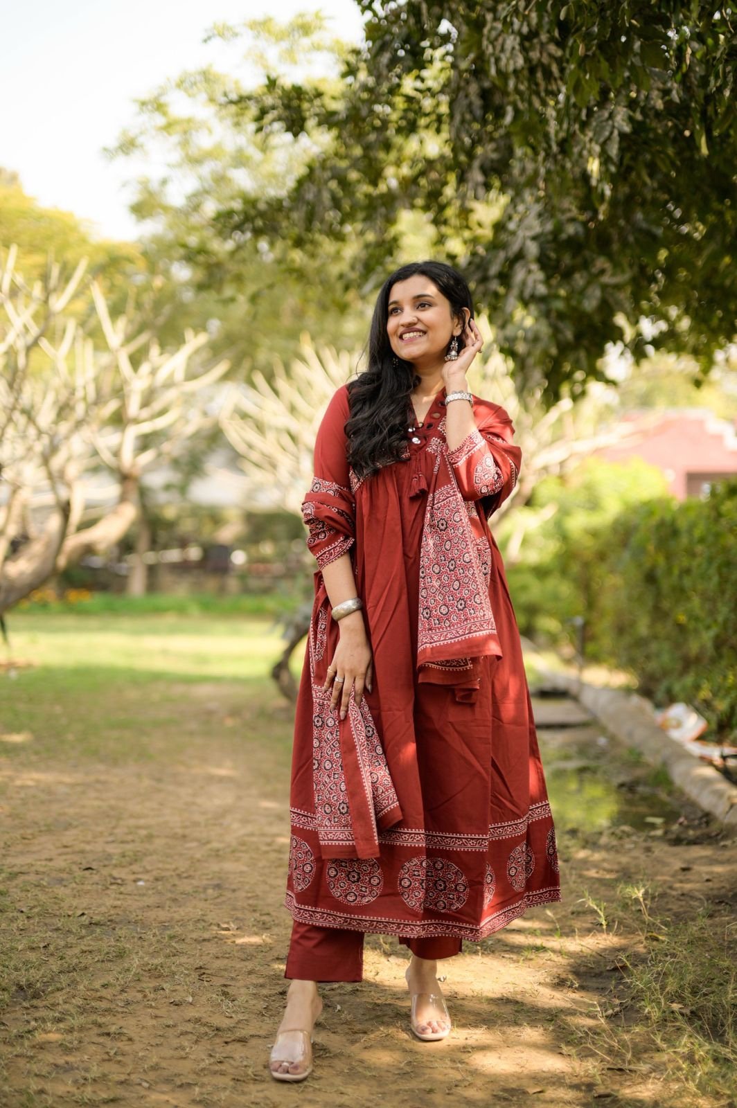 Liya Flared Ajrakh Cotton Set- Maroon - Image 4