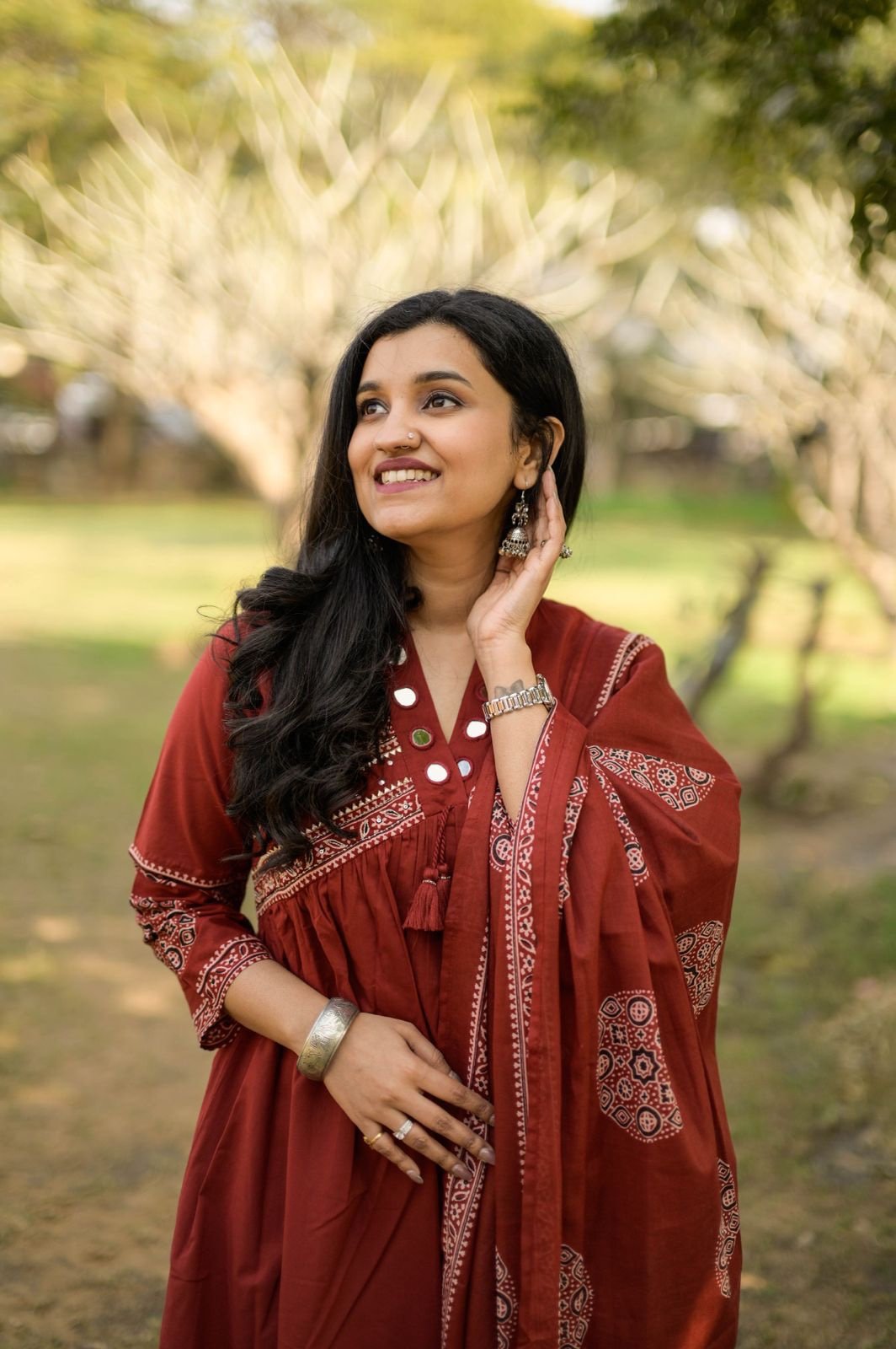 Liya Flared Ajrakh Cotton Set- Maroon - Image 2