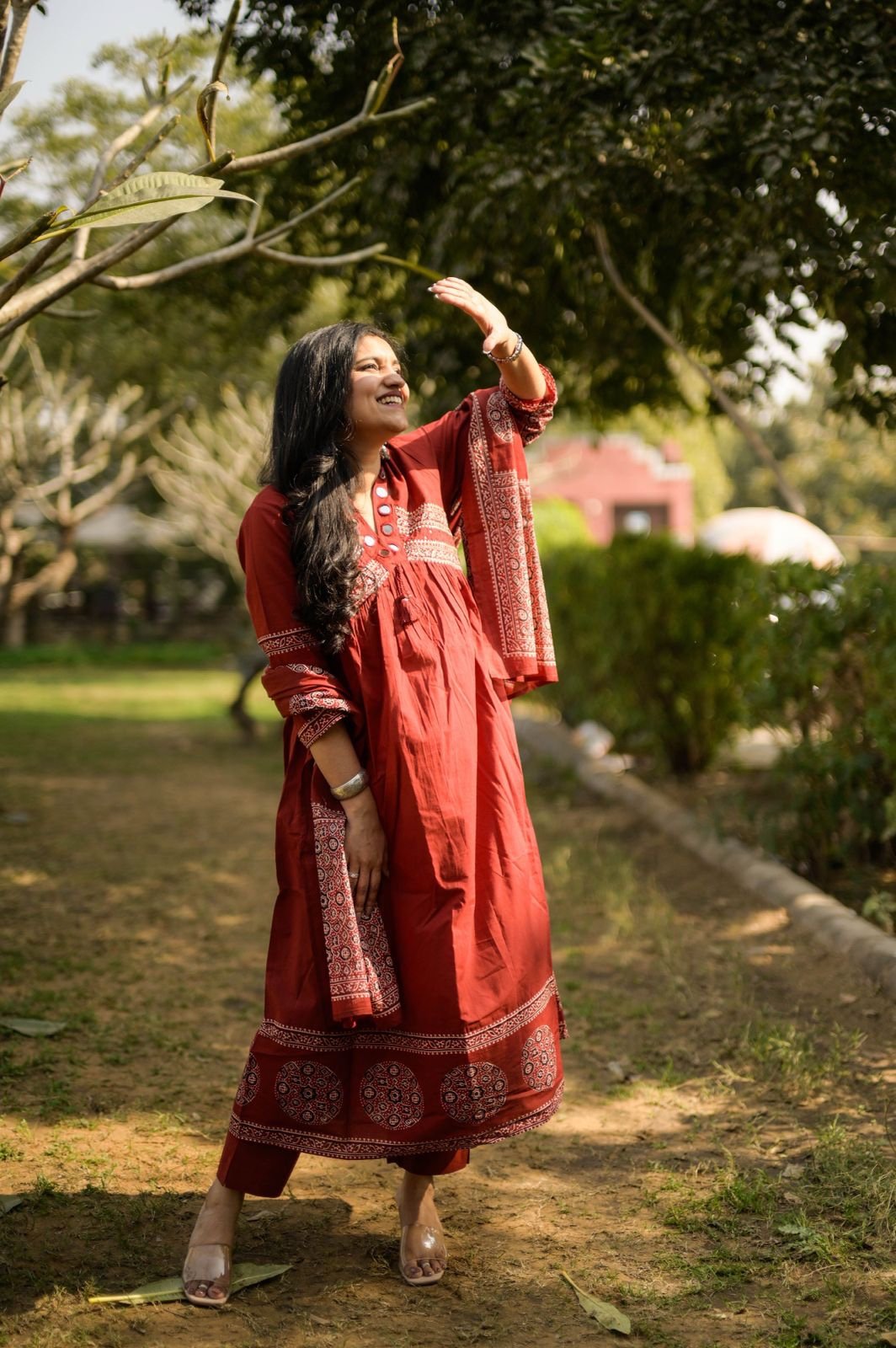 Liya Flared Ajrakh Cotton Set- Maroon - Image 5