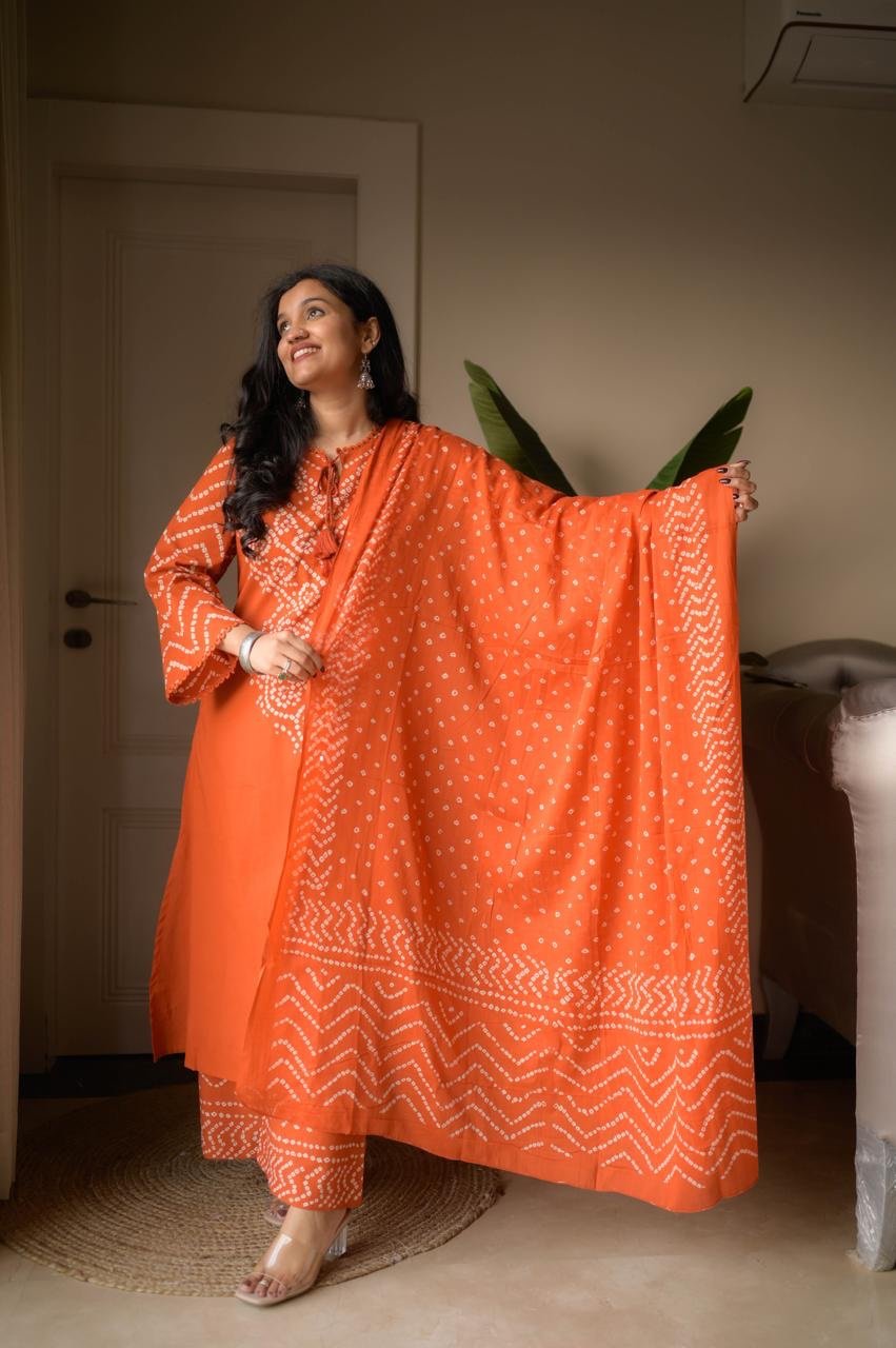 Gulzar Premium Bandhej Cotton Suit- Orange - Image 7