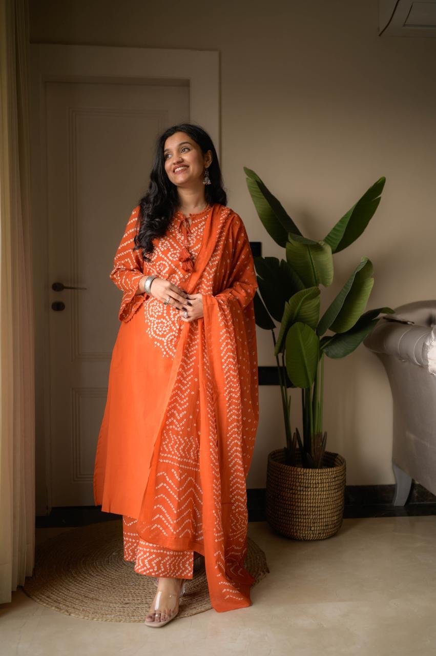 Gulzar Premium Bandhej Cotton Suit- Orange - Image 3