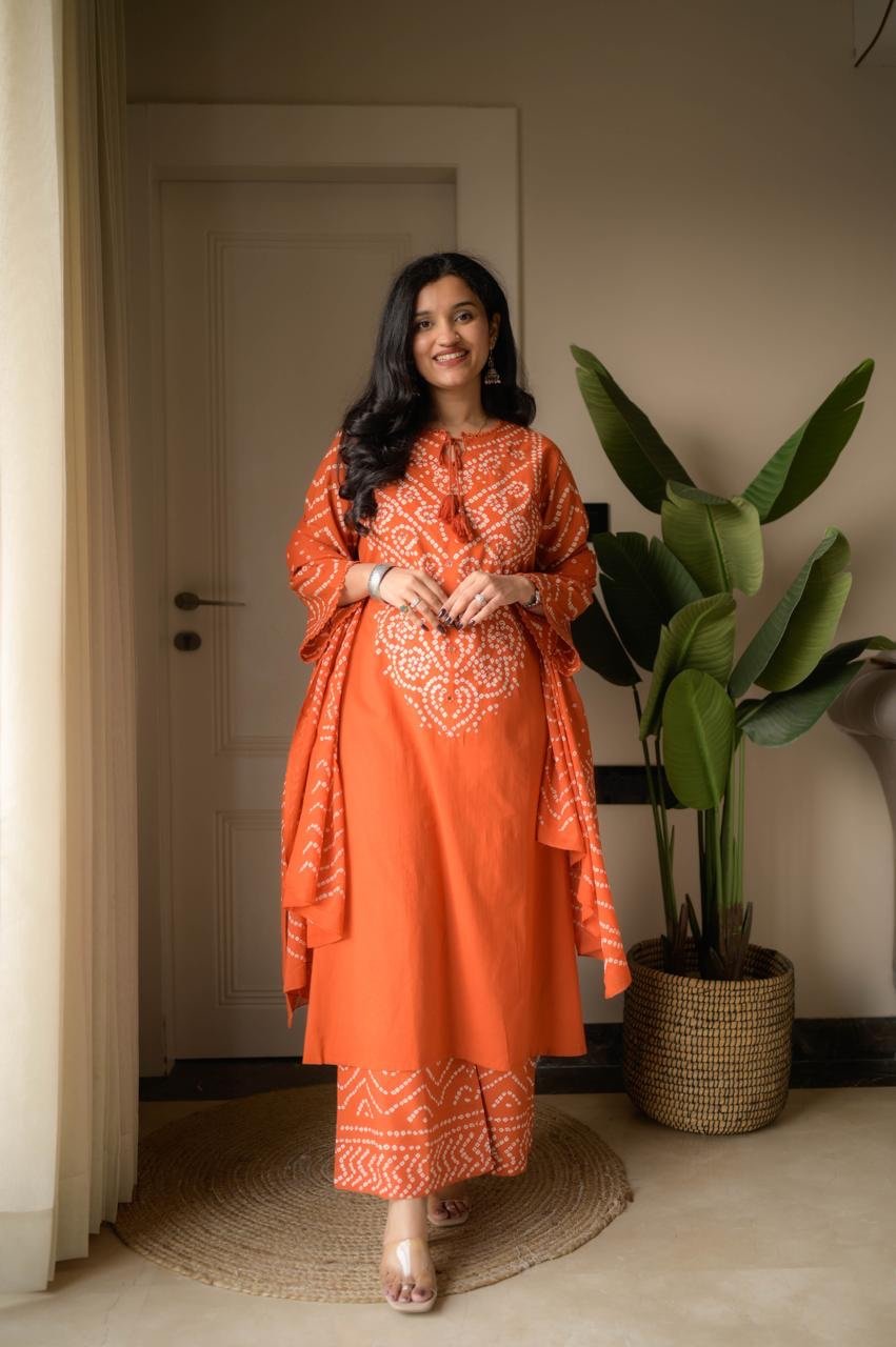 Gulzar Premium Bandhej Cotton Suit- Orange