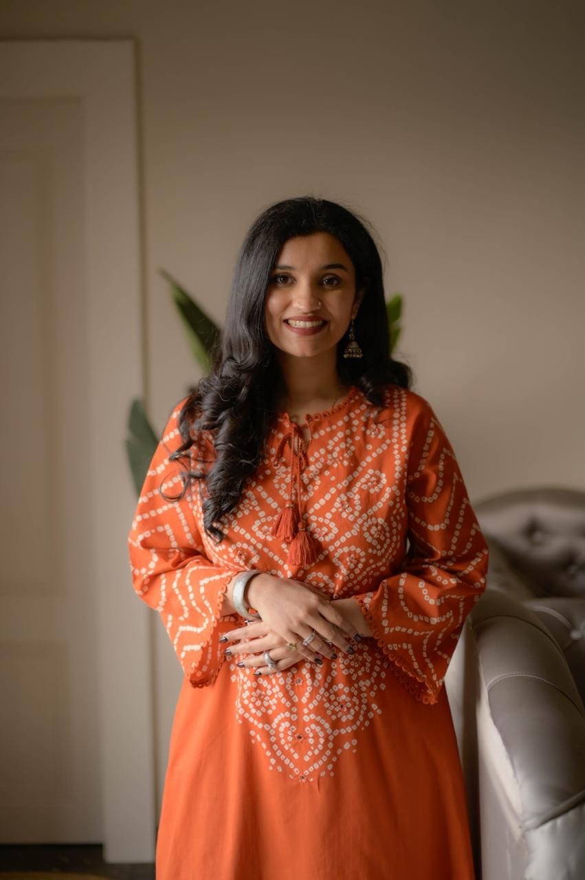 Gulzar Premium Bandhej Cotton Suit- Orange - Image 4