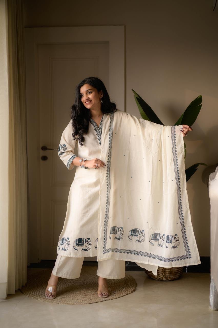 Shiya Embroidered Cotton Set- Off White Blue - Image 7