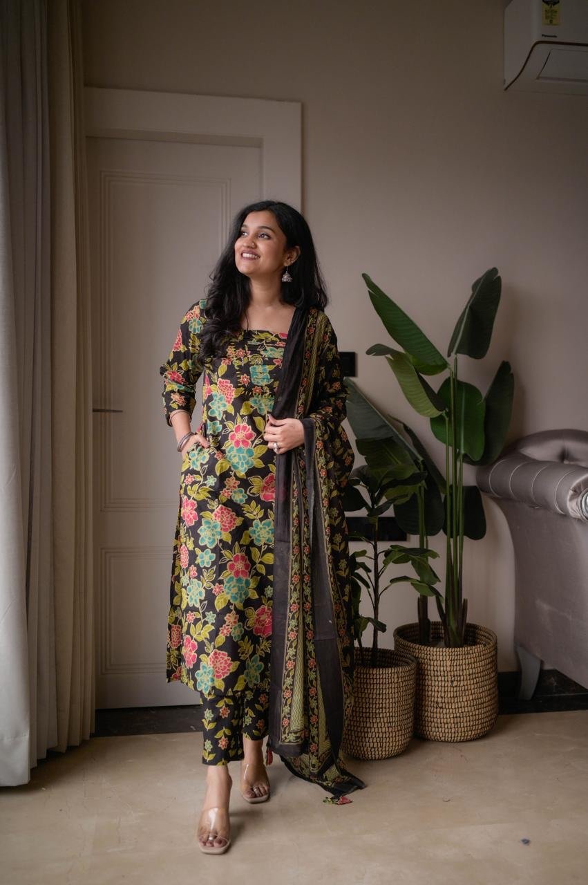Samya Budget Cotton Suit- Black Multi Florals - Image 3