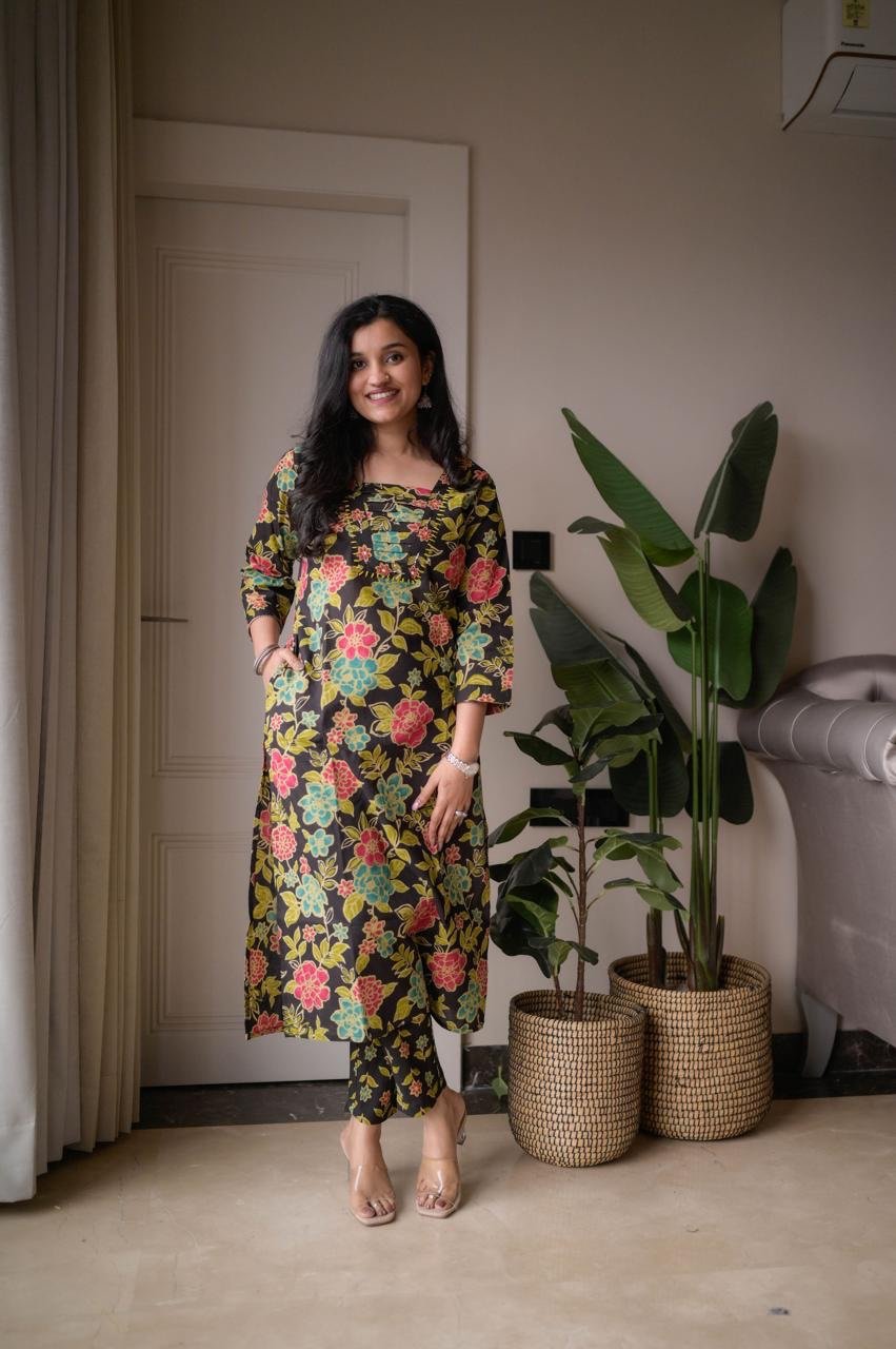 Samya Budget Cotton Suit- Black Multi Florals - Image 4