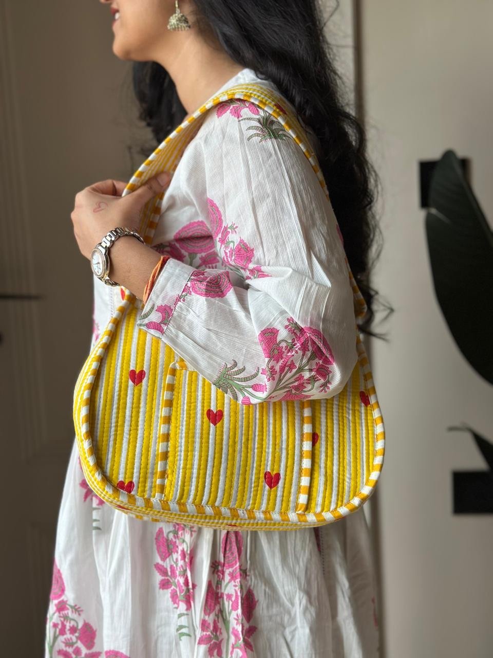 Quilted Shoulder Bag- Yellow Striped - Image 4