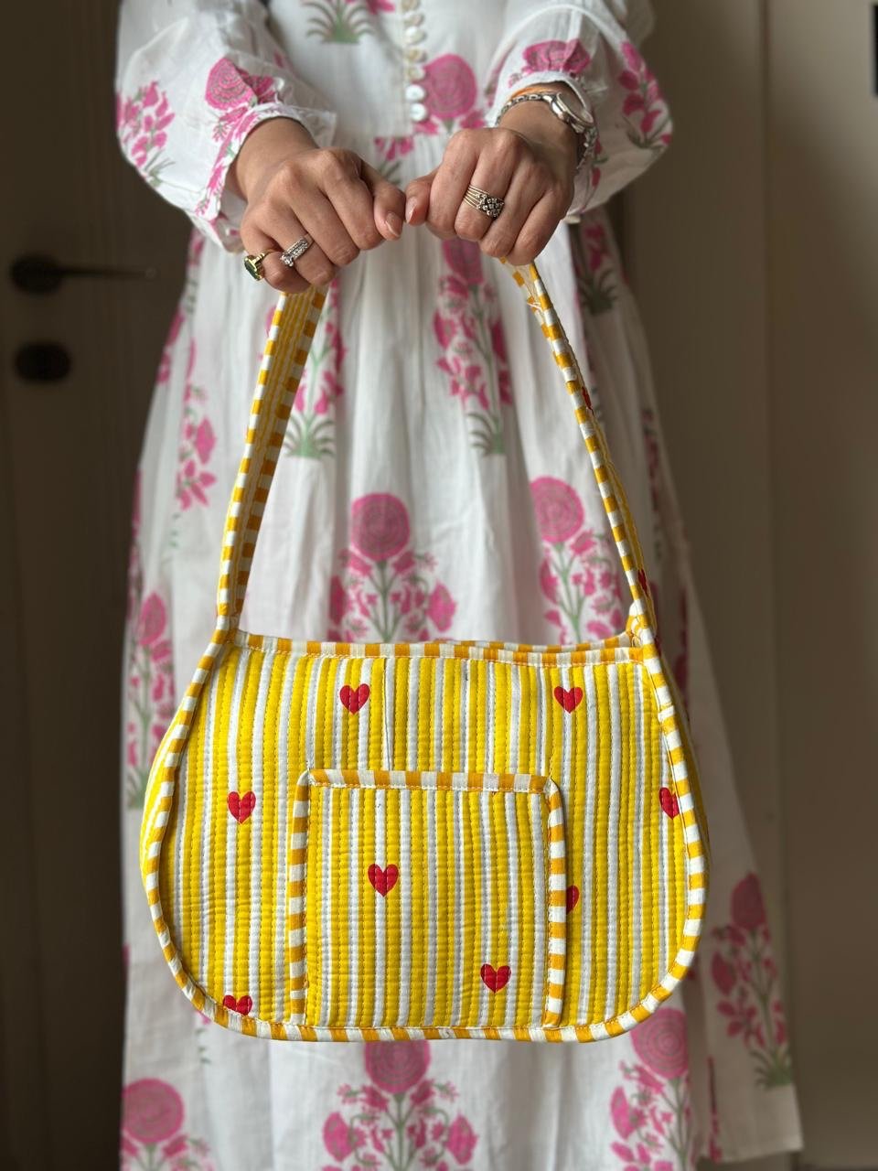 Quilted Shoulder Bag- Yellow Striped - Image 3