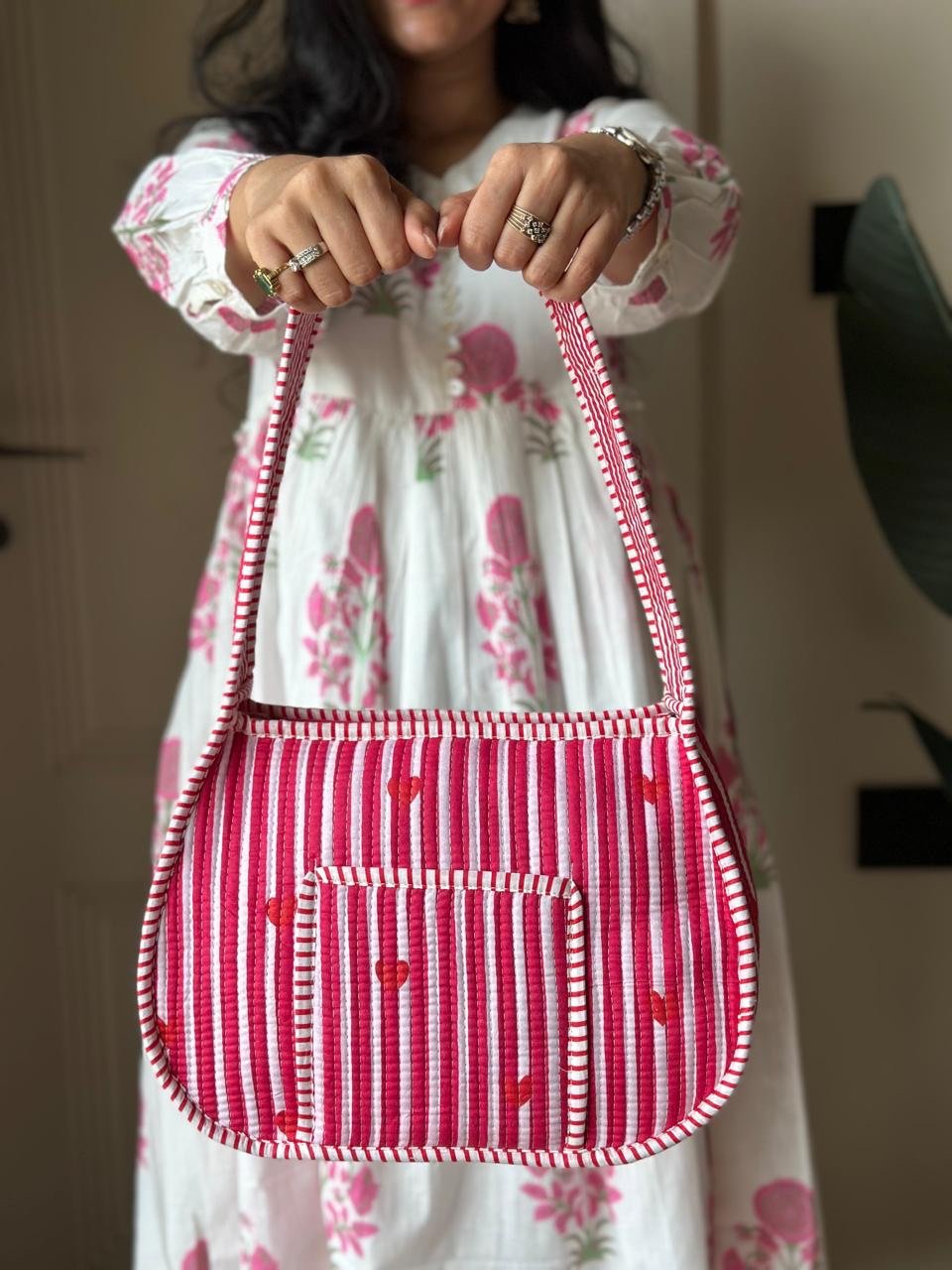 Quilted Shoulder Bag- Pink Striped Love