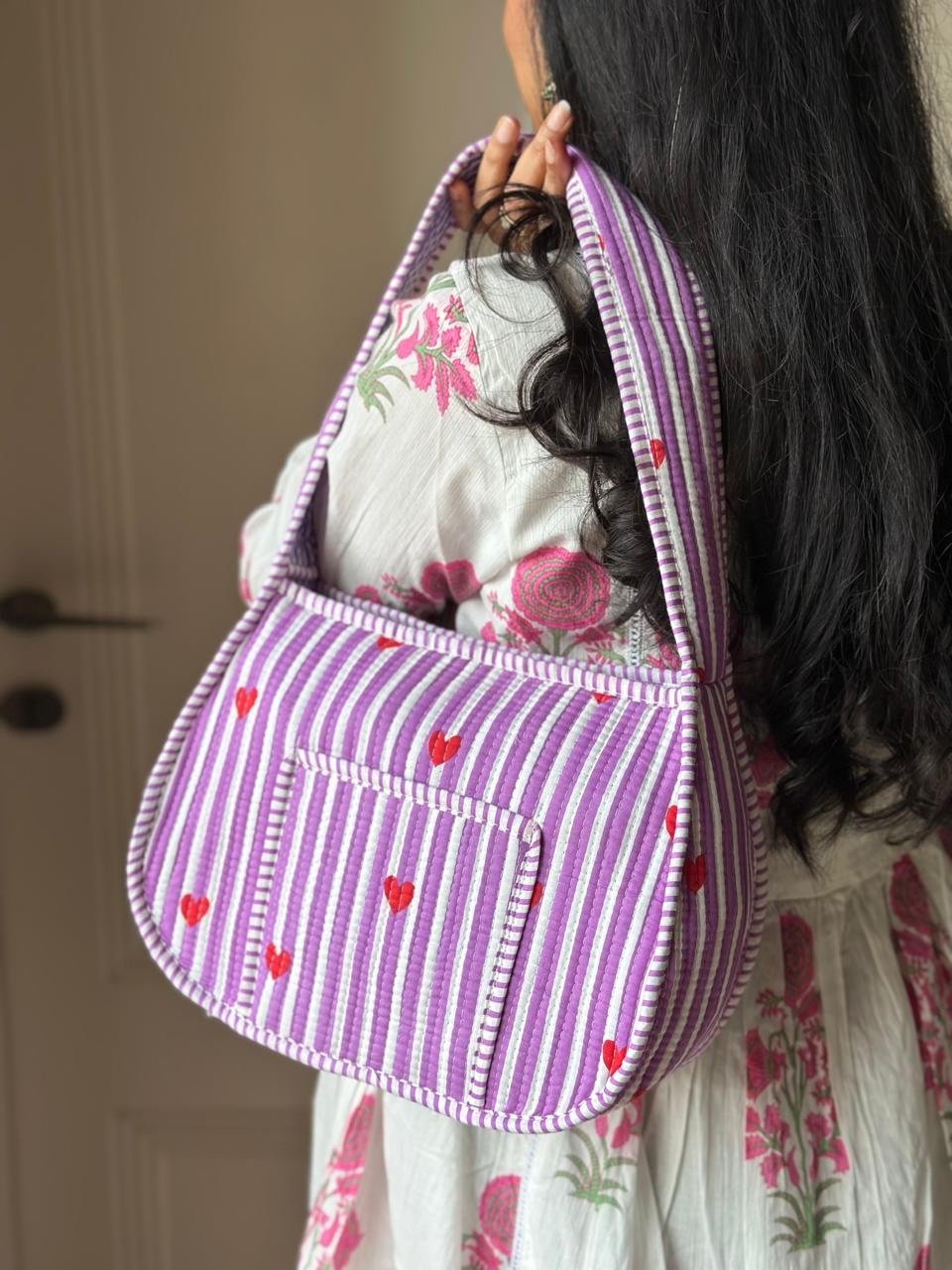 Quilted Shoulder Bag- Purple Striped